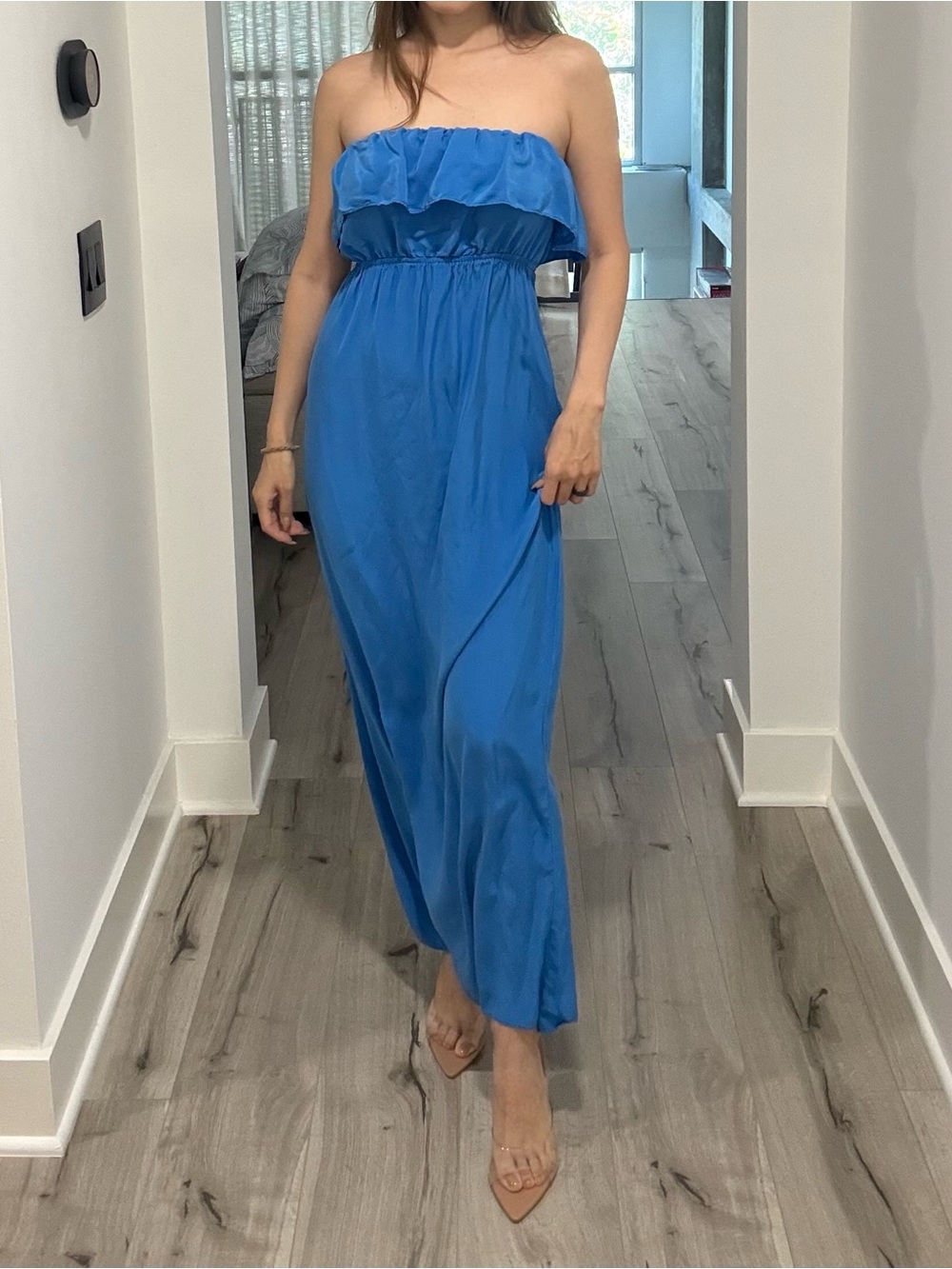 Alice & Trixie Strapless Ruffle Maxi Dress in Bright Blue S